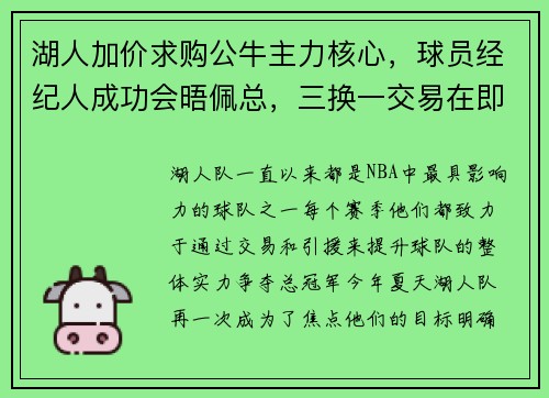 湖人加价求购公牛主力核心，球员经纪人成功会晤佩总，三换一交易在即