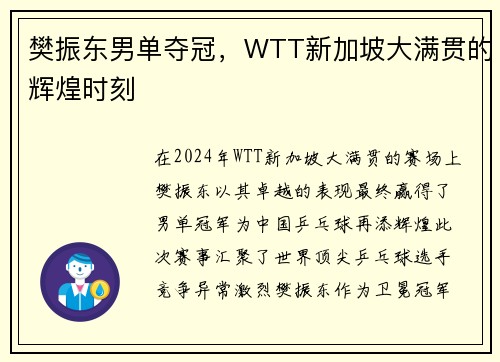 樊振东男单夺冠，WTT新加坡大满贯的辉煌时刻